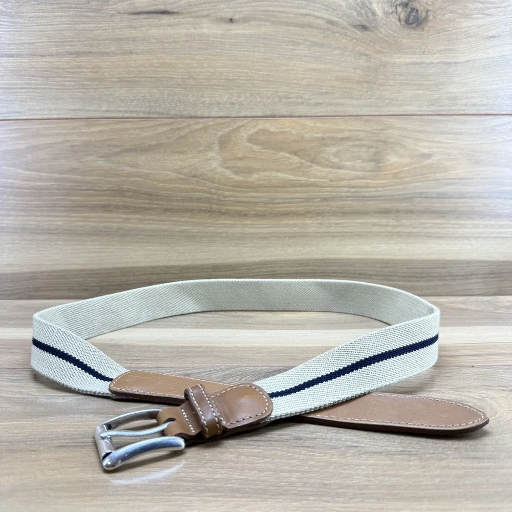 L.L Bean Mens Belt Size‎ S Tan/cream Canvas Leather Trim Golf Casual